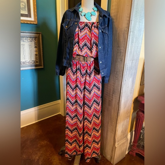 SIGNIFY Red Aztec Spaghetti Adjustable Strap Wide Leg Jumpsuit Women’s Size S - Picture 7 of 7